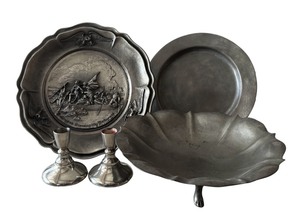 lot 221 image: Vintage Pewter Items including Candle Holders, Plates and Footed Bowl