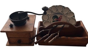 lot 219 image: Assorted Vintage Kitchen items including a Coffee Grinder, Wooden Handled Tray and More