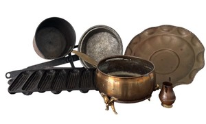 lot 215 image: Vintage Corn Cob Stick Cast Iron Pan, Vintage Copper Cookware and More