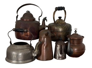 lot 186 image: Six Vintage and Antique Tea and Coffee Pots including Vintage Copper Tea and Coffee Pots