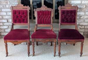 lot 145A image: Three Antique Red Velvet Upholstered Carved Walnut Eastlake Sides Chairs