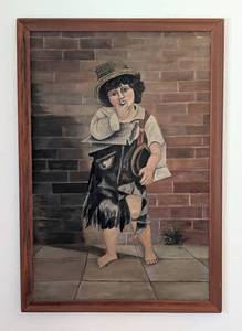 lot 25 image: Large Framed Vintage Framed Oil Painting Street Urchin
