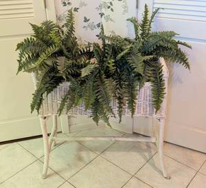 lot 101 image: Vintage White Wicker Plant Stand and Faux Ferns