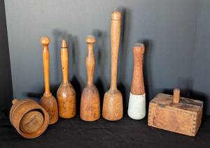 lot 110 image: Antique Primitive Wooden Butter Molds and Mashers