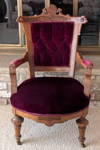 lot 146A image: Antique Red Velvet Upholstered Carved Walnut Eastlake Armchair