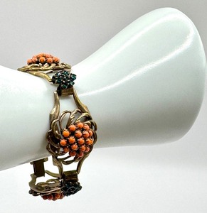 lot 19R image: Vintage Brass, Coral Beads and Rhinestone Bracelet