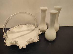 lot 55 image: FENTON Silvercrest White Milk Glass Ruffled Basket & Bud Vases