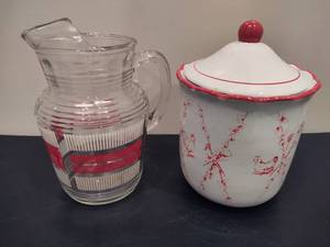 lot 124 image: Vintage Glass Pitcher & Red Rooster Patterned Cookie Jar