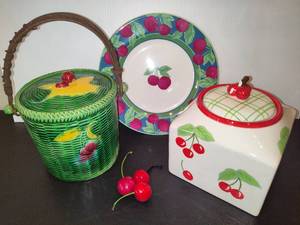 lot 18 image: Cherry Motif Vintage Canisters & Plate