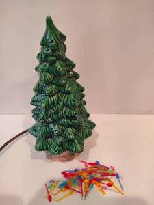 lot 102 image: Ceramic Light Up Green Christmas Tree with Colorful Bulb Ornaments
