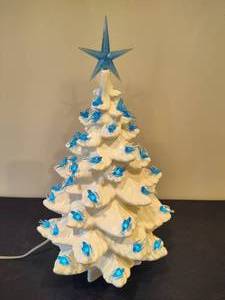 lot 101 image: White Ceramic Light Up Christmas Tree wBluebird Ornaments
