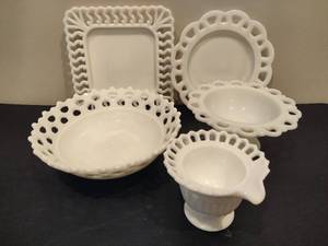 lot 53 image: Lattice Patterned White Milk Glass
