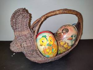 lot 97 image: Wicker Rabbit Basket wVintage Nesting Eggs