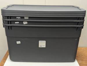 lot 69 image: 3 - 45gal Storage Tote - Brightroom Portable Plastic Container with Lid, Gray, 45 Gallon Capacity (non LatchingNo wheels)
