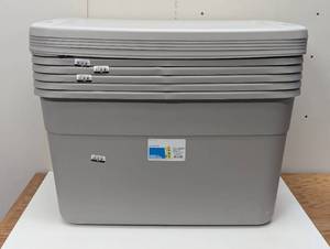 lot 74 image: 6 - 30gal Storage Tote Gray - Room Essentials Large Plastic Storage Bin with Lid, Stackable & Portable, 120L Capacity - 6 Total