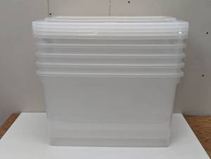 lot 75 image: 5 - Sterilite 66qt ClearView Latch Box Clear with Purple Latches Plastic Storage Container, Lidded & Stackable, 66 Quart - 5 Total - 1 minor chip