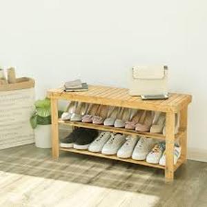 lot 84 image: SONGMICS Bamboo Shoe Rack, Shoe Cabinet with Sofa, Shoe Bench with 3 Shelves