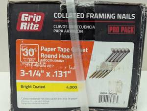 lot 90 image: Grip Rite 3-14 x .131, 30 Degree Paper Tape Offset Round Head Nails, Bright, Smooth Shank, (4,000Carton)