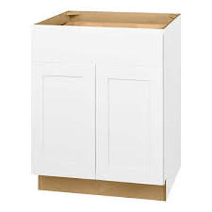 lot 20 image: Hampton Bay Avondale 27 in. W x 24 in. D x 34.5 in. H Ready to Assemble Plywood Shaker Base Kitchen Cabinet in Alpine White Customer Returns See Pictures