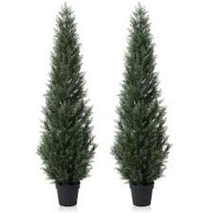 lot 31 image: DR.Planzen 5 ft. Artificial IndoorOutdoor Topiary Cedar Tree, Fake Cypress Trees, Fake UV Resistant Potted Plants(Set of 2)  Customer Returns See Pictures