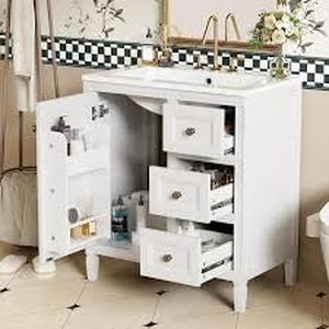 lot 35 image: Nestfair 30 in. W Single Sink Freestanding Bath Vanity in White with White Resin Top   Customer Returns See Pictures