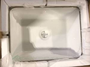 lot 24 image: Miligore Modern Ceramic Vessel Sink - Bathroom Vanity Bowl - Beveled Square White   Customer Returns See Pictures