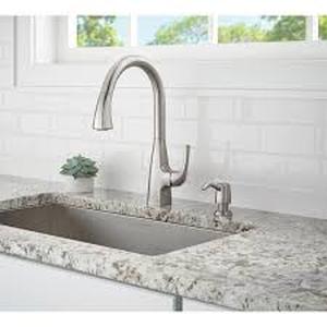 lot 23 image: Glacier Bay Calandine Single-Handle Pull-Down Sprayer Kitchen Faucet with Soap Dispenser in Chrome   Customer Returns See Pictures