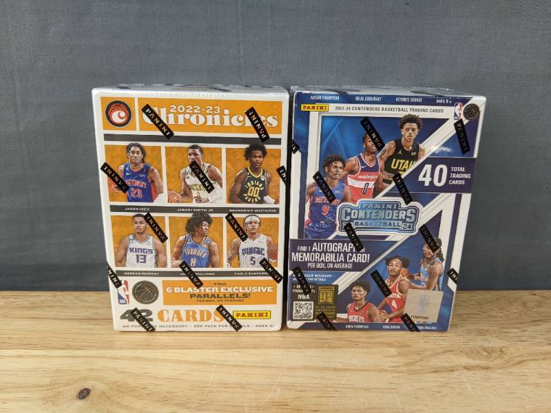 lot 11 image: Brand New 2022-23 Panini Chronicles NBA Basketball 6 Pack Blaster Box 42 Trading Cards and 2023-24 Panini Contenders NBA Basketball 5 Pack Blaster Box 40 Trading Cards $63 Retail I