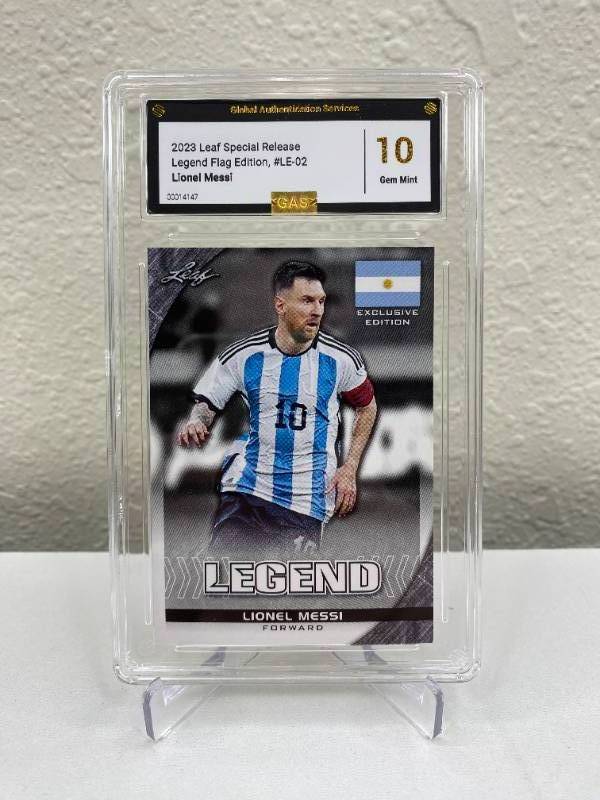 lot 5C image: 2023 Leaf Special Release Lionel Messi Legend Flag Edition #LE-02 Graded GAS Gem Mint 10 T
