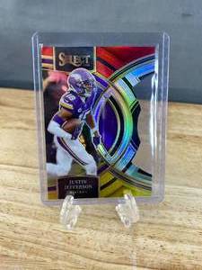lot 108 image: 2023 Panini Select Justin Jefferson Premier Level Red and Yellow Die-Cut Prizm #175 T