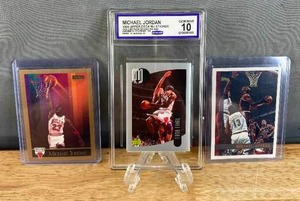 lot 49E image: 1998 Upper Deck Michael Jordan Sticker #60 Graded CCG Gem Mint 10 and Skybox & Topps Base Cards J