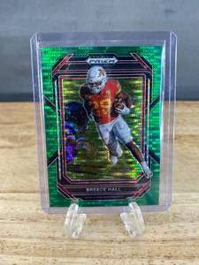 lot 113 image: 2023 Panini Prizm Draft Picks Breece Hall Green Pulsar Prizm Case Hit Numbered 2525 #10 J