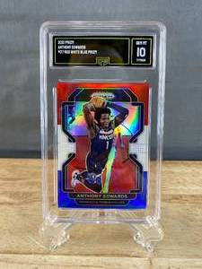 lot 67 image: 2021 Panini Prizm Anthony Edwards Red White and Blue Prizm #37 Graded GMA Gem Mint 10 J