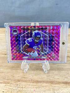 lot 81 image: 2023 Panini Mosaic Jordan Addison Pink NFL Debut Prizm Rookie #ND-14 J