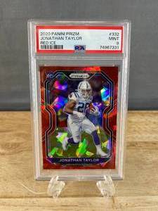 lot 207 image: 2020 Panini Prizm Jonathon Taylor Red Cracked Ice Prizm RC #332 Graded PSA Mint 9 J