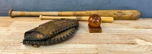 lot 100C image: Vintage Baseball Louisville Slugger Bat, Kansas City Royals Commemorative Ball and Vintage Glove Q