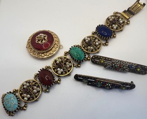 lot 17 image: Victorian Accent Gold Tone Rhinestone Glass Cabochon Link Bracelet, Locket and Bar Pins