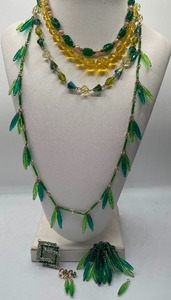 lot 20 image: 1960s Green Dangle Lucite 3 pc Set, Glass Stone and Pearl Necklaces