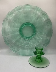 lot 23 image: Vintage Green Peacock and Wild Rose Rolled Edge Console Bowl and Candlestick Holder