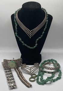 lot 25 image: Silver Tone, Abalone and Green Stone Jewelry Lot Sterling Bracelet 11 PC LOT