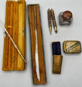 lot 32 image: Two Antique Mother of Pearl and Gold Dip Quill Style Pens and Filigree Pocket Pen and Pencil Set