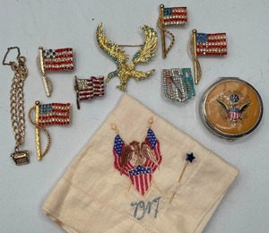 lot 33 image: Patriotic Red White Blue Rhinestones Jewelry Lot with Compact and Hanky Flag Pins