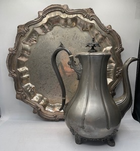 lot 38 image: Ornate Silverplate Tray and Pewter Coffe Pot by James Dixon and Sons