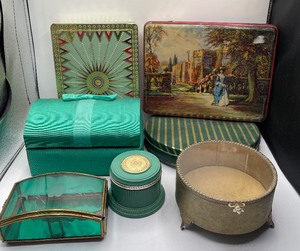 lot 41 image: Biscuit Tin and JewelryTrinket Boxes and Powder Containers 7 PC