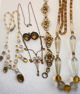 lot 72 image: Citrine Amber Rhinestone Colored Glass Necklace and Earring Lot
