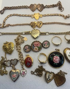 lot 75 image: Vintage Sweetheart Bracelets and Enamel Lockets and Pins