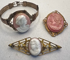 lot 81 image: Vintage Cameo Bracelet Rolled Wire Two Vintage Pink Cameo Brooches