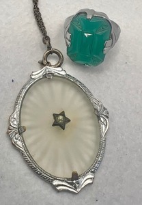 lot 83 image: Camphor Glass Necklace and Jade Ring