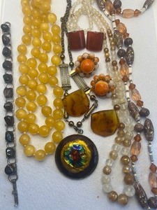 lot 73 image: Enamel on Copper Pendant and Color of Fall Jewelry Lot Amber, Orange, Butterscotch, Yellow