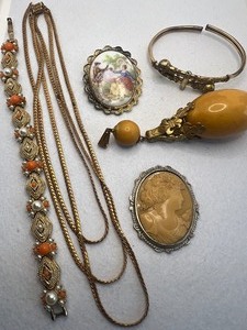 lot 85 image: Vintage Miriam Haskell Egg Shape Pendant and Antique Celluloid Cameo Brooch Pin Silver Tone